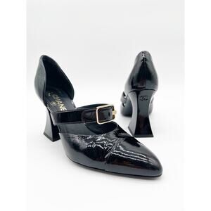 Chanel Black Patent Leather Cap Toe CC Mary Jane D'Orsay Flared Heel Pumps EU 39